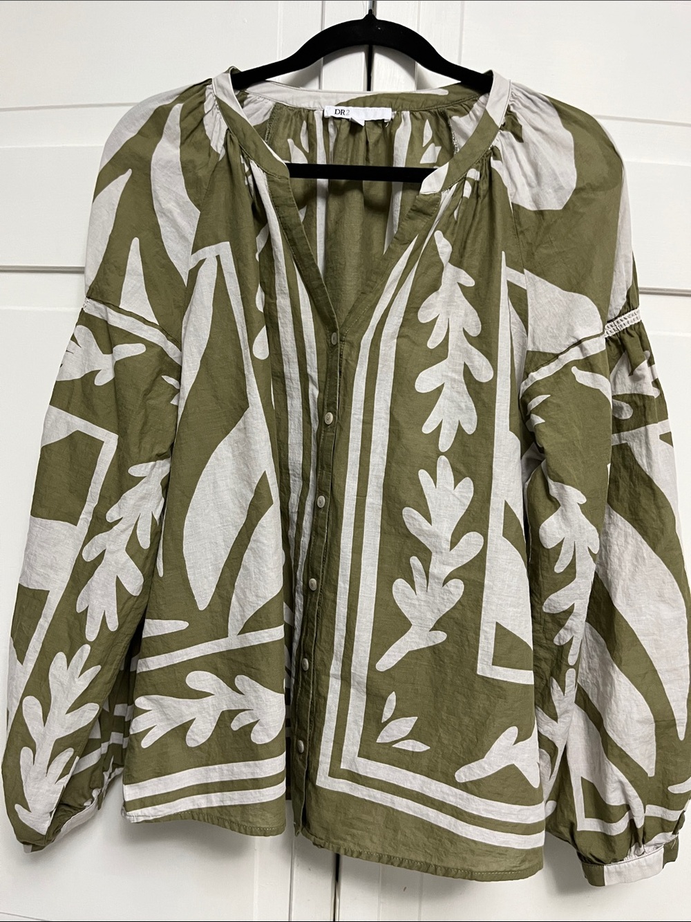 DR2 Olive & Cream Botanical Button-Front Blouse Size XL 100% Cotton